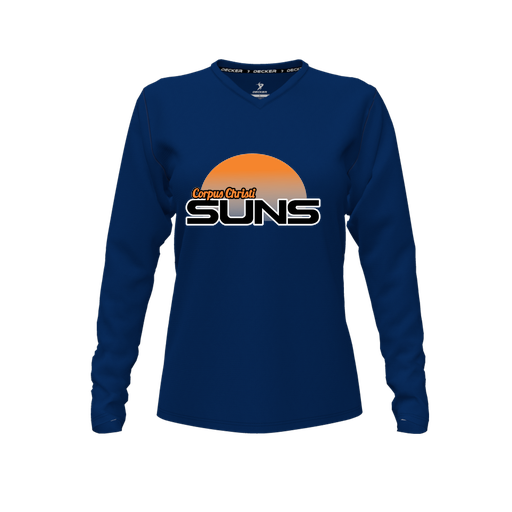 [CUS-DFW-TEES-CMF-VNK-LSL-NVY-FYXS-LOGO1] Comfort T-Shirt (Female Youth XS, Navy, V Neck, Logo 1, Long Sleeve)