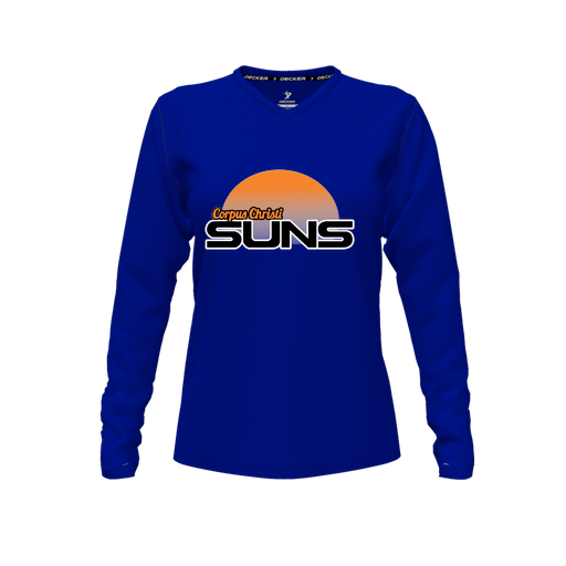 [FTLVCFRY-FYXS-LOGO1] Decker Comfort T-Shirt (Female Youth XS, Royal, V Neck, Logo 1, Long Sleeve)