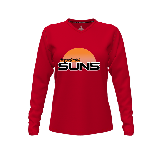 [CUS-DFW-TEES-CMF-VNK-LSL-RED-FYXS-LOGO1] Comfort T-Shirt (Female Youth XS, Red, V Neck, Logo 1, Long Sleeve)