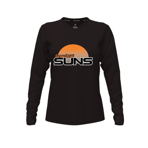 [CUS-DFW-TEES-PER-VNK-LSL-BLK-FYXS-LOGO1] Decker Performance T-Shirt (Female Youth XS, Black, V Neck, Logo 1, Long Sleeve)