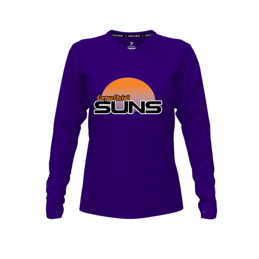 [FTLVPTPP-FYXS-LOGO1] Decker Performance T-Shirt (Female Youth XS, Purple, V Neck, Logo 1, Long Sleeve)